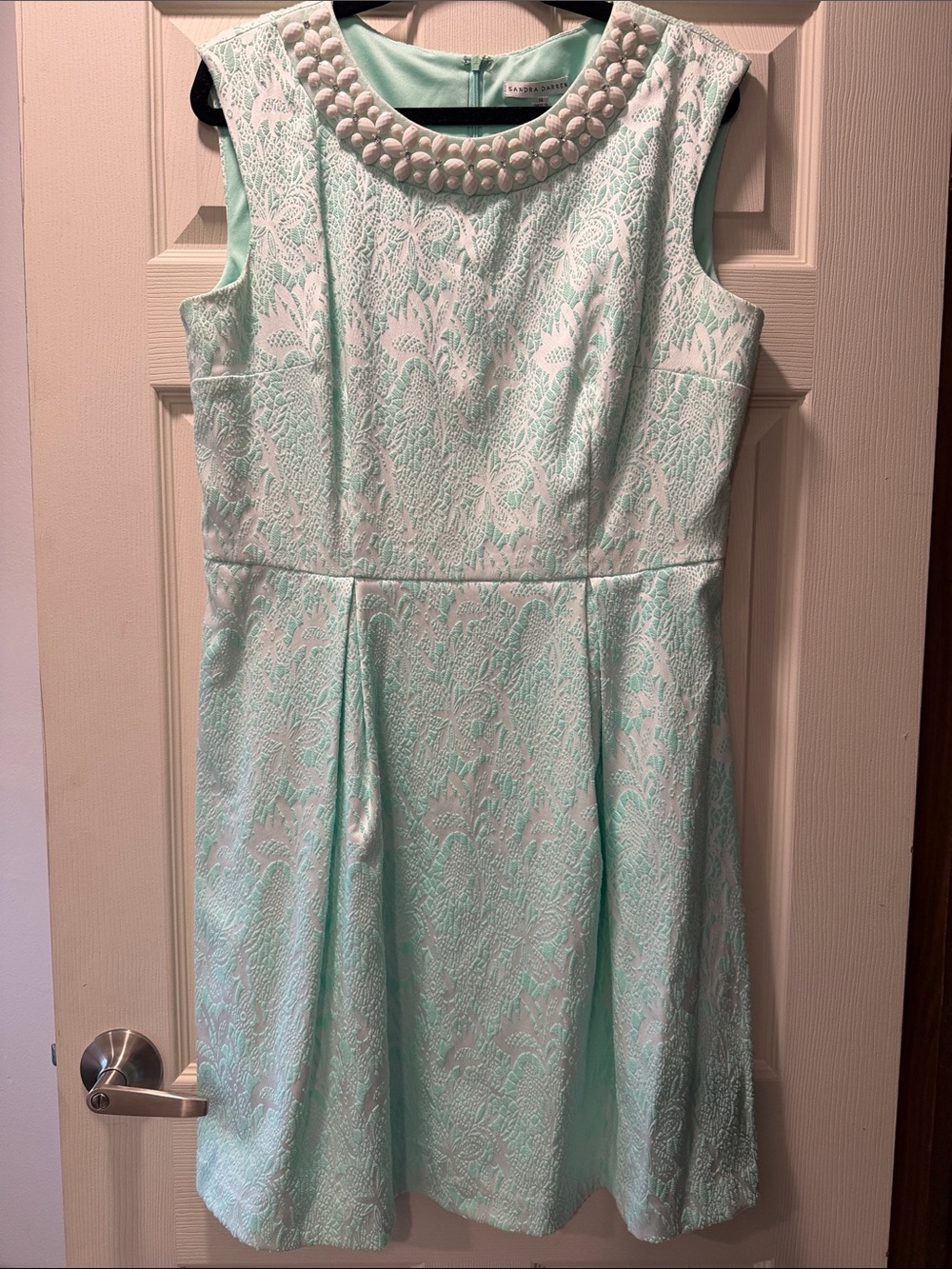 Sandra Darren Mint Lace Dress with Pearl Collar